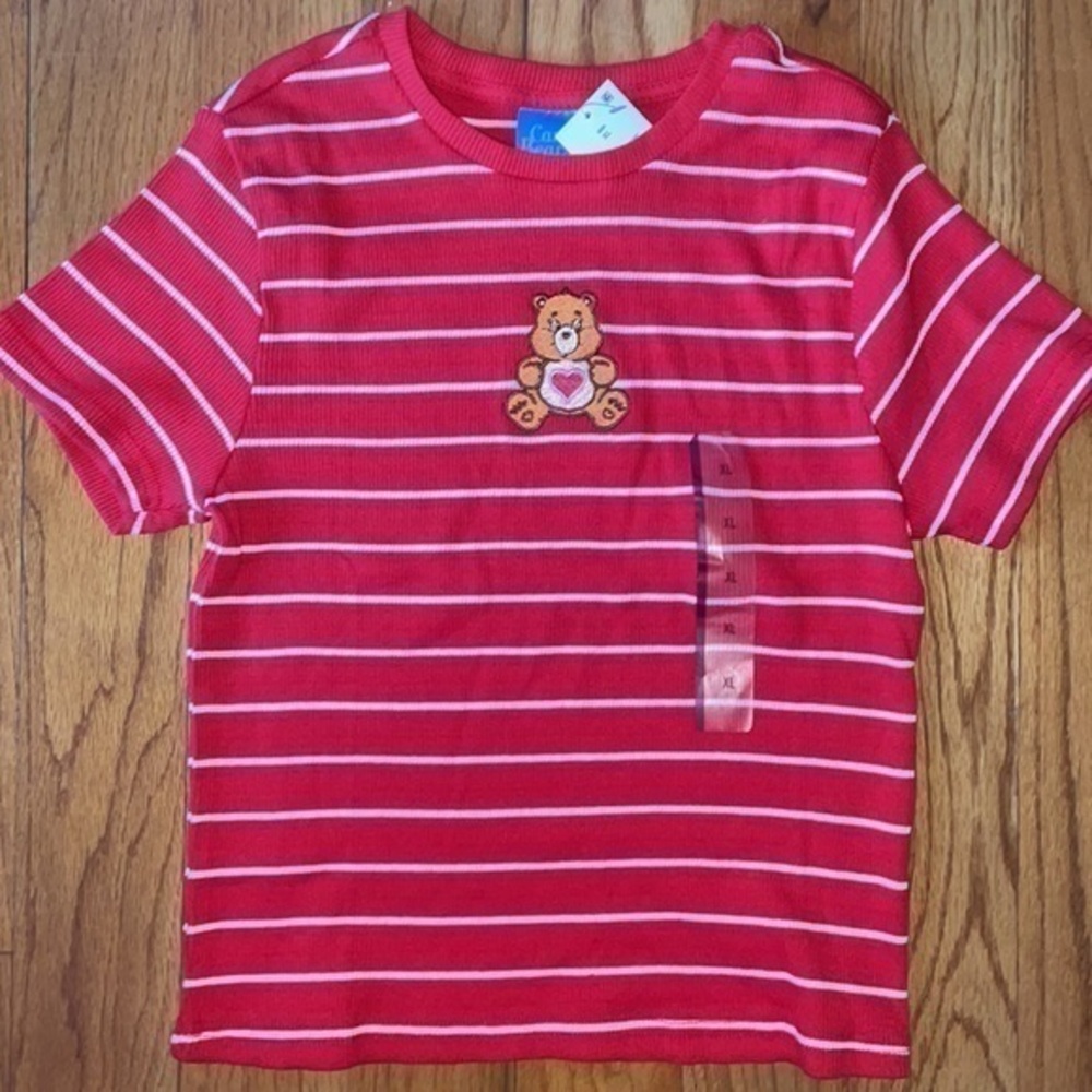 Care Bears Valentine Heart Embroidered Baby Tee Striped 90s Retro Graphic Tee